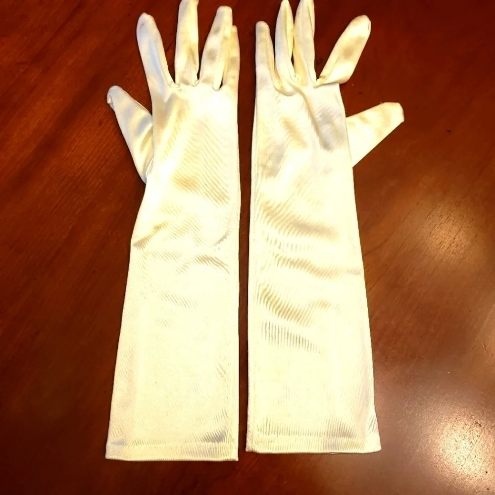 Champagne Satin Finish Stretch Opera Length Wedding Gloves GUC